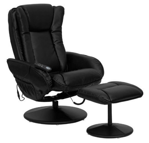 Massaging Black Leather Recliner and Ottoman